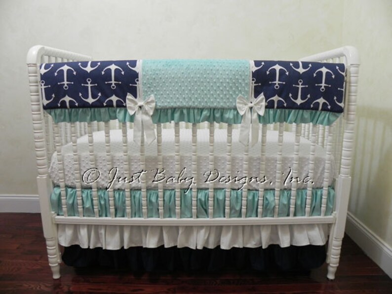 Nautical Crib Bedding In Navy And Aqua Trista Baby Girl Etsy