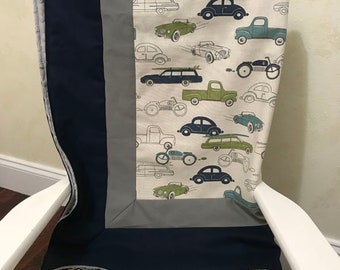 Baby Blanket, Crib Blanket - Vintage Cars and Trucks with Navy and Gray