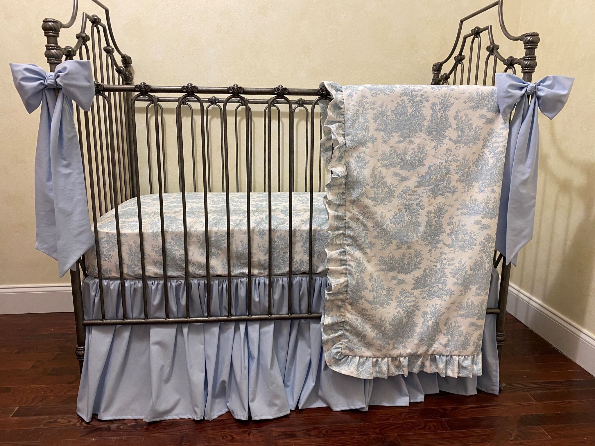 Baby Boy Crib Bedding, Blue Toile, Light Pale Blue Crib Skirt, Blanket, Crib Bows