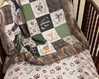 Woodland Baby Animals Blanket, Crib Sheet Set, Baby Boy Blanket, Woodland Nursery Blanket