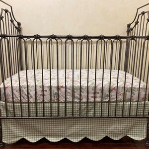 Sage Green Gingham with Nursery Rhyme Toile Baby Crib Bedding, Boy, Girl, Neutral Standard or Mini Crib Size, Choose Your Pieces image 3