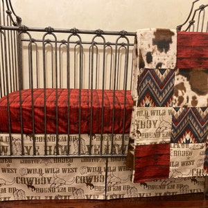 Baby Boy Western Crib Bedding, Cowboy Baby Bedding, Brown, Cream, and Crimson, Pony Minky Baby Crib Bedding