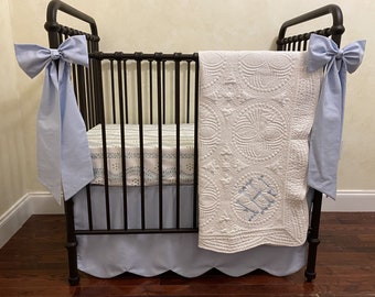 MINI CRIB Bedding - Light Pale Blue with Andrew Stripe Mini Crib Baby Bedding, Mini Crib Skirt, Personalized Baby Blanket