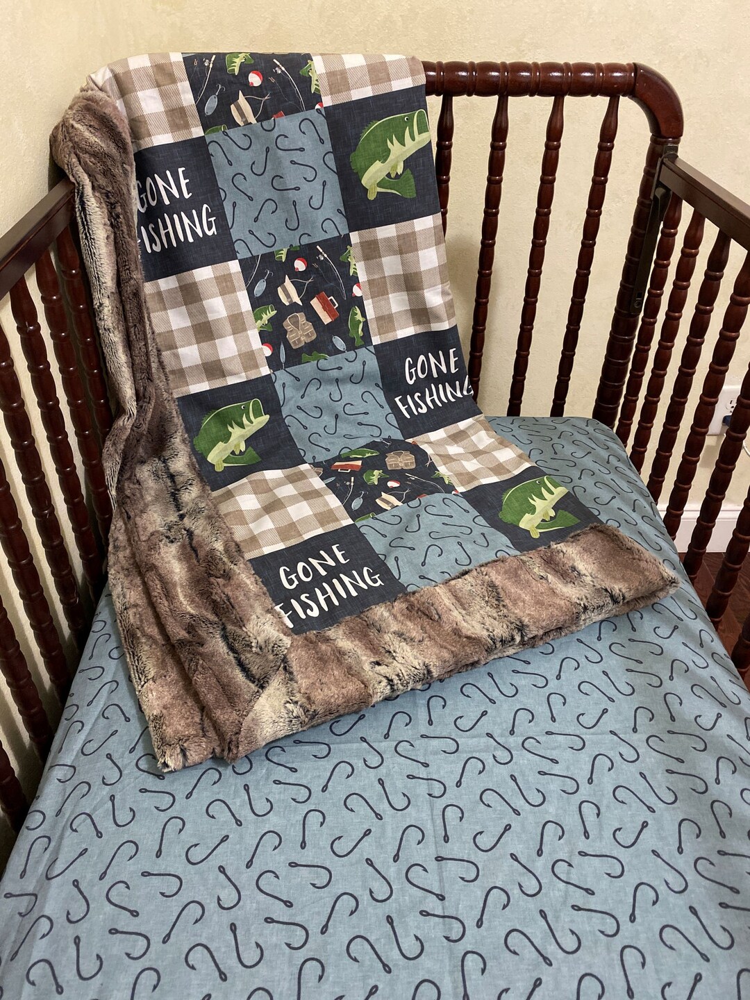 Baby Boy Gone Fishing Crib Sheet, Baby Blanket Set, Fishing Nursery Bedding, Toddler Bedding