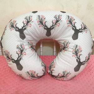 Nursing Pillow Cover, Floral Stag with Coral, Mint, Aqua, or Light Pink Minky Dot