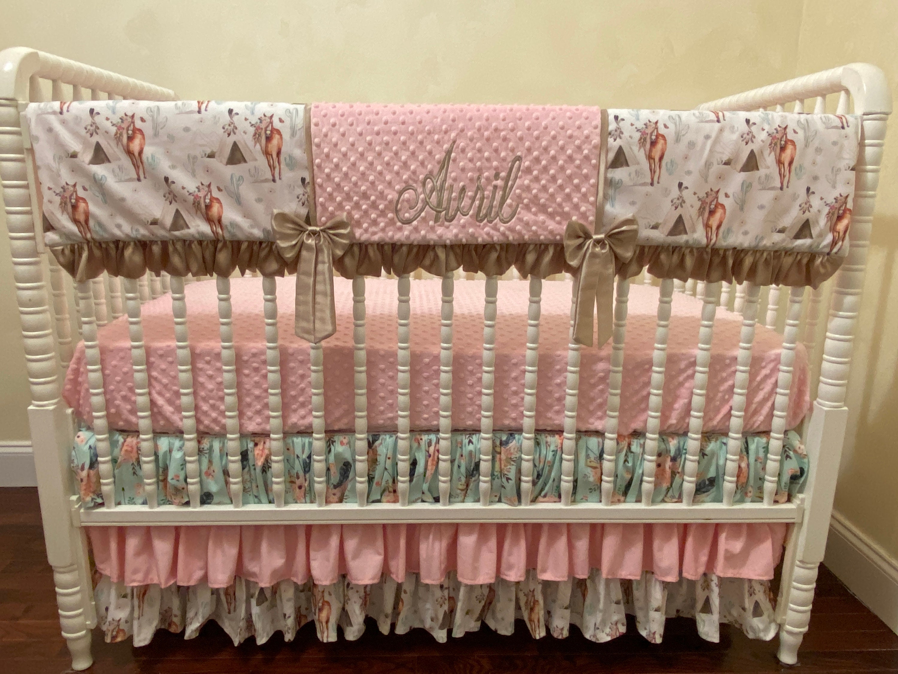 Baby Girl Boho Floral Horse Crib Bedding Pink and Taupe Baby Etsy