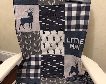 Woodland Nursery Blanket - Little Man Buck, Navy and Gray Crib Blanket, Patchwork Plaid, Deer, Antlers