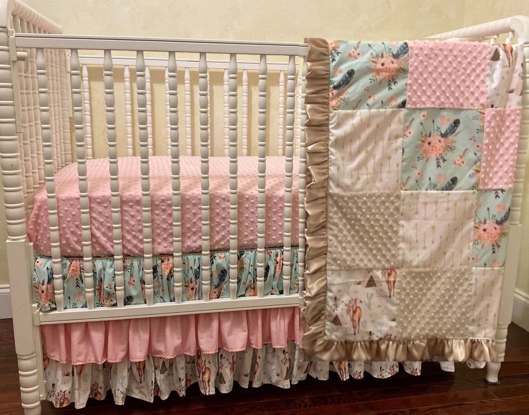 Baby Girl Boho Floral Horse Crib Bedding, Pink and Taupe Baby Girl