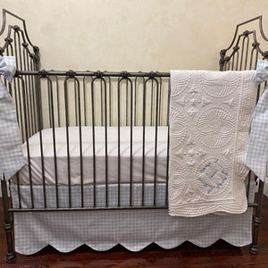 Light Blue Gingham Crib Bedding, Scalloped Crib Skirt, Personalized Baby Quilt