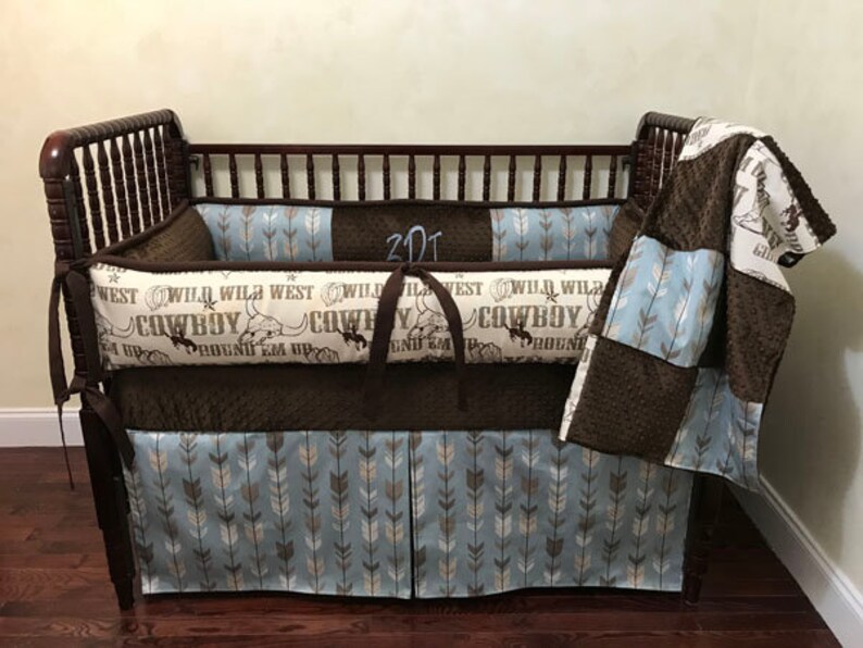 Cowboy Baby Bedding Set Zeke Crib Boy Bumpers Rodeo In Brown And Light Blue Arrows