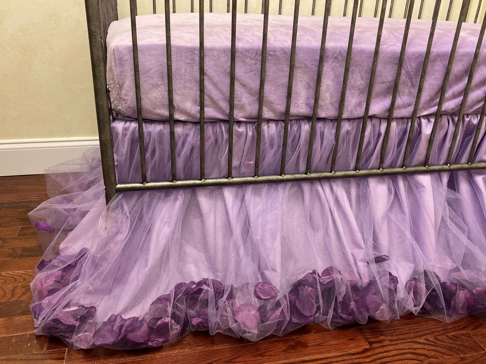 Gathered Crib Skirt With Tulle Overlay and Silk Rose Petals, Choose