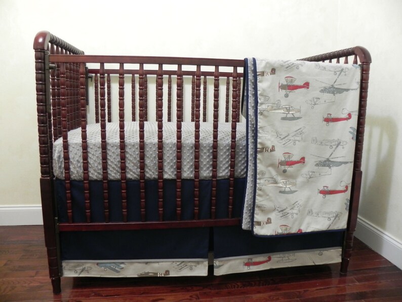Airplane Crib Bedding Set Boy Baby Vintage Airplanes With Navy And Gray