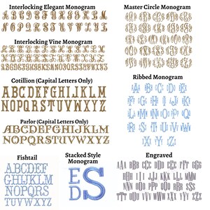 May include: A chart showing different styles of monogram fonts. The fonts are shown in brown, blue, and light blue. The styles include Interlocking Elegant Monogram, Interlocking Vine Monogram, Cotillion (Capital Letters Only), Parlor (Capital Letters Only), Fishtail, Stacked Style Monogram, Master Circle Monogram, Ribbed Monogram, and Engraved.