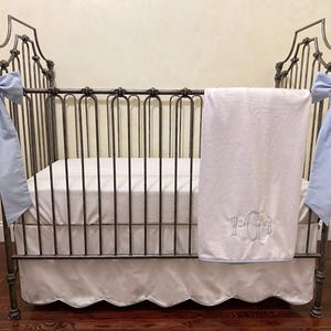 White with Pale Blue Crib Bedding, Scalloped Crib Skirt with Piping Trim