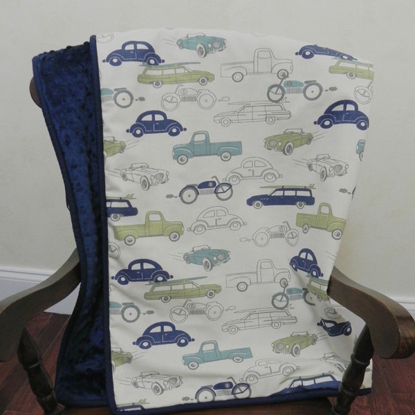 Baby Blanket, Crib Blanket - Vintage Cars and Trucks with Navy Minky Dot