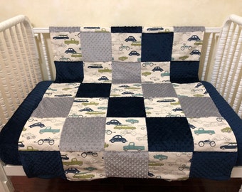 Patchwork Baby Blanket - Vintage Cars and Trucks with Navy and Gray