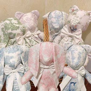 Toile Teddy Bear, Toile Bunny, Stuffed Animal Bear, Stuffed Toy, Personalized Stuffed Animal, Personalized Baby Gift, Monogrammed Bear