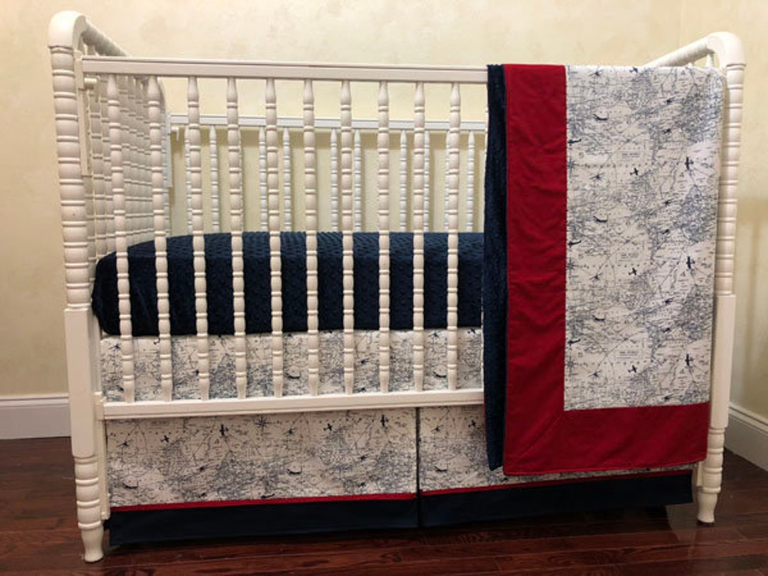 Airplane Crib Bedding Set Boy Baby Bedding, Navy and Red Crib Bedding