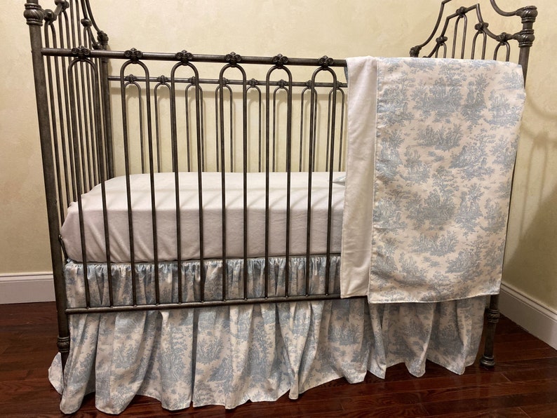 Baby Boy Crib Bedding, Blue Toile, Toile Crib Skirt, Blanket, Crib Bows image 2