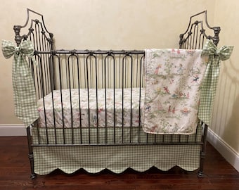 Sage Green Gingham Crib Bedding: Nursery Rhyme Toile, Scalloped Skirt