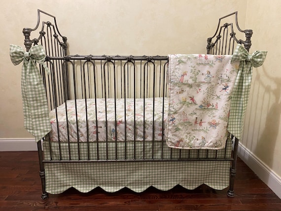 Sage Green Gingham Crib Bedding: Nursery Rhyme Toile, Scalloped Skirt