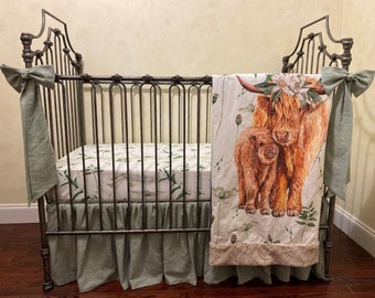 Baby Girl Crib Bedding, Highland Cow Baby Bedding, Crib Sheet, Baby Blanket, Sage Green Linen Crib Skirt