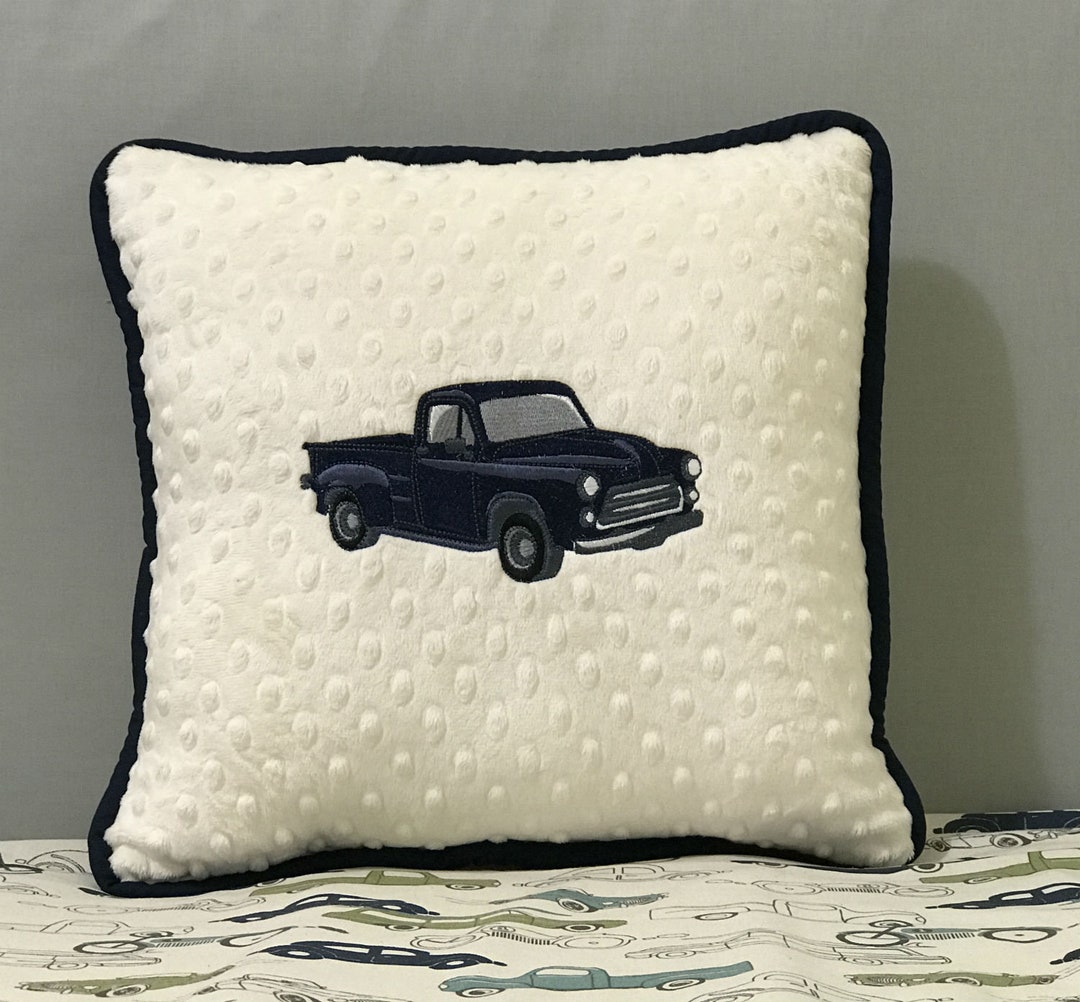 Accent Pillow With Blue Vintage Truck Design Baby Boy Nursery Pillow