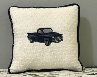 Accent Pillow with Blue Vintage Truck Design - Baby Boy Nursery Pillow, Vintage Truck Accent Pillow