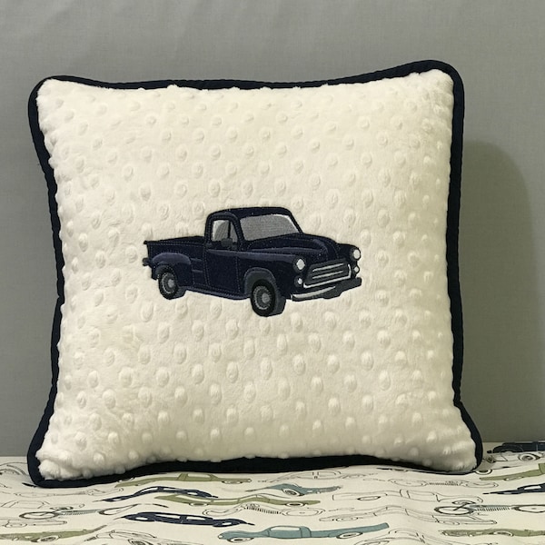 Accent Pillow with Blue Vintage Truck Design - Baby Boy Nursery Pillow, Vintage Truck Accent Pillow