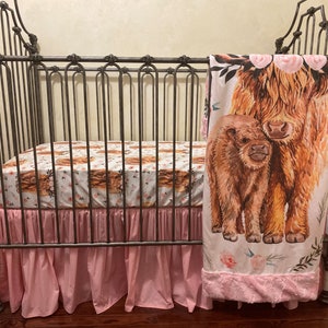 Baby Girl Crib Bedding, Highland Cow Baby Bedding, Crib Sheet, Baby Blanket, Crib Skirt