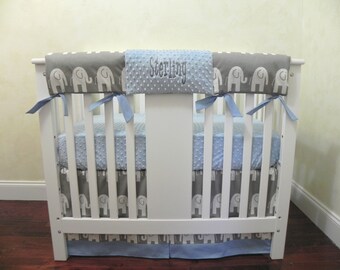 Baby Boy MINI CRIB Bedding - Boy Mini Crib Baby Bedding, Elephant Crib Bedding, Crib Rail Cover, Gray and Blue Baby Bedding