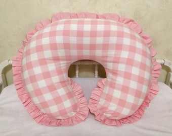 Pink Plaid Nursing Pillow Cover with Ruffle
