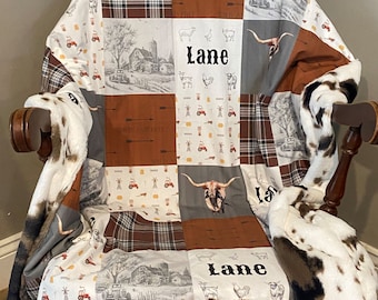 Personalized Western Ranch Baby Blanket: Cotton & Minky Crib Blanket
