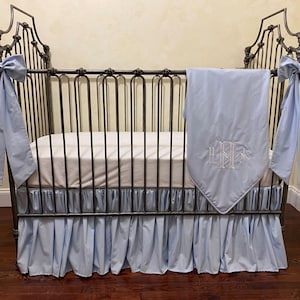 Light Blue Baby Boy Crib Bedding, Gathered Ruffled Crib Skirt, Personalized Baby Blanket