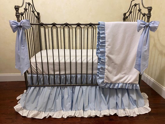 Blue and White Baby Crib Bedding, Crib Sheet, Ruffled Crib Skirt, Personalized Baby Blanket, Neutral Nursery Bedding