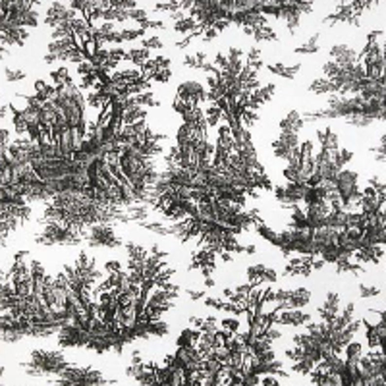 May include: Black and white toile fabric featuring a repeating pattern of stylized trees, people, and animals. The design is reminiscent of a traditional French country scene.