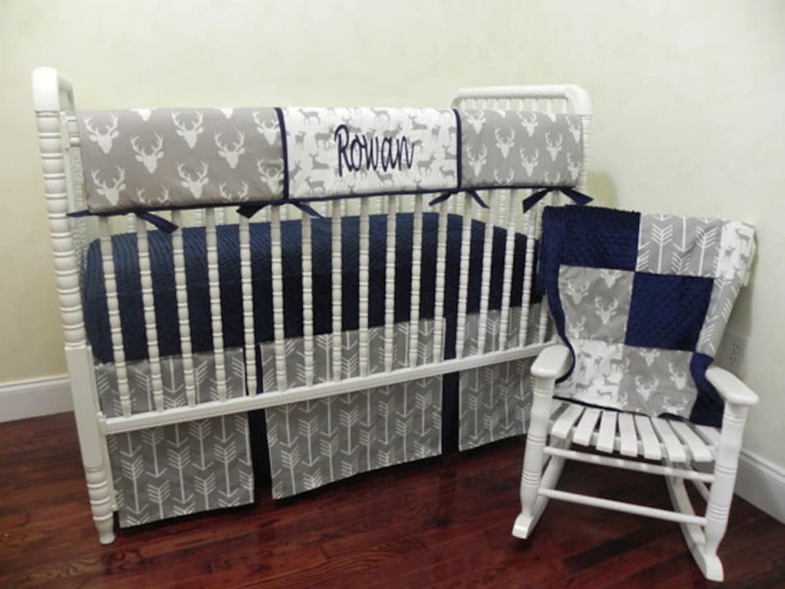 Gray and Navy Deer Crib Bedding Set Rowan Boy Crib Bedding Etsy