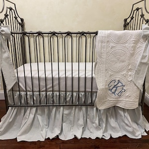 Baby Boy Crib Bedding Set, Blue Ticking Stripes Crib Skirt, Crib Bows, Personalized Blanket