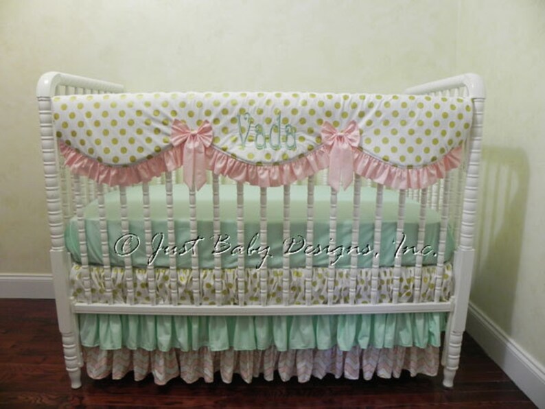 Girl Baby Crib Bedding Set Vada Pink And Gold Mint Rail Cover Ruffle Skirt 1 4 Pieces