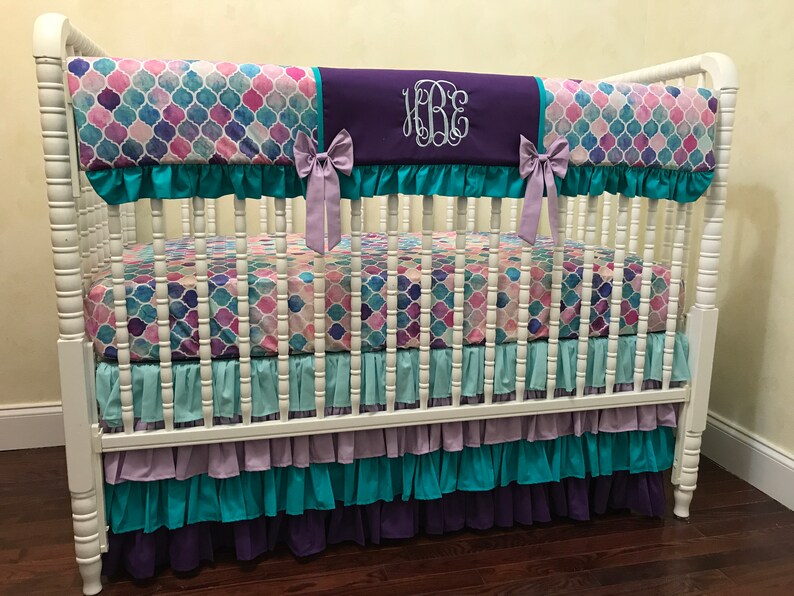 Girl Baby Bedding Set Mermaid Crib In Aqua Teal And Purple Scalloped Rail Cover 1 4 Pieces