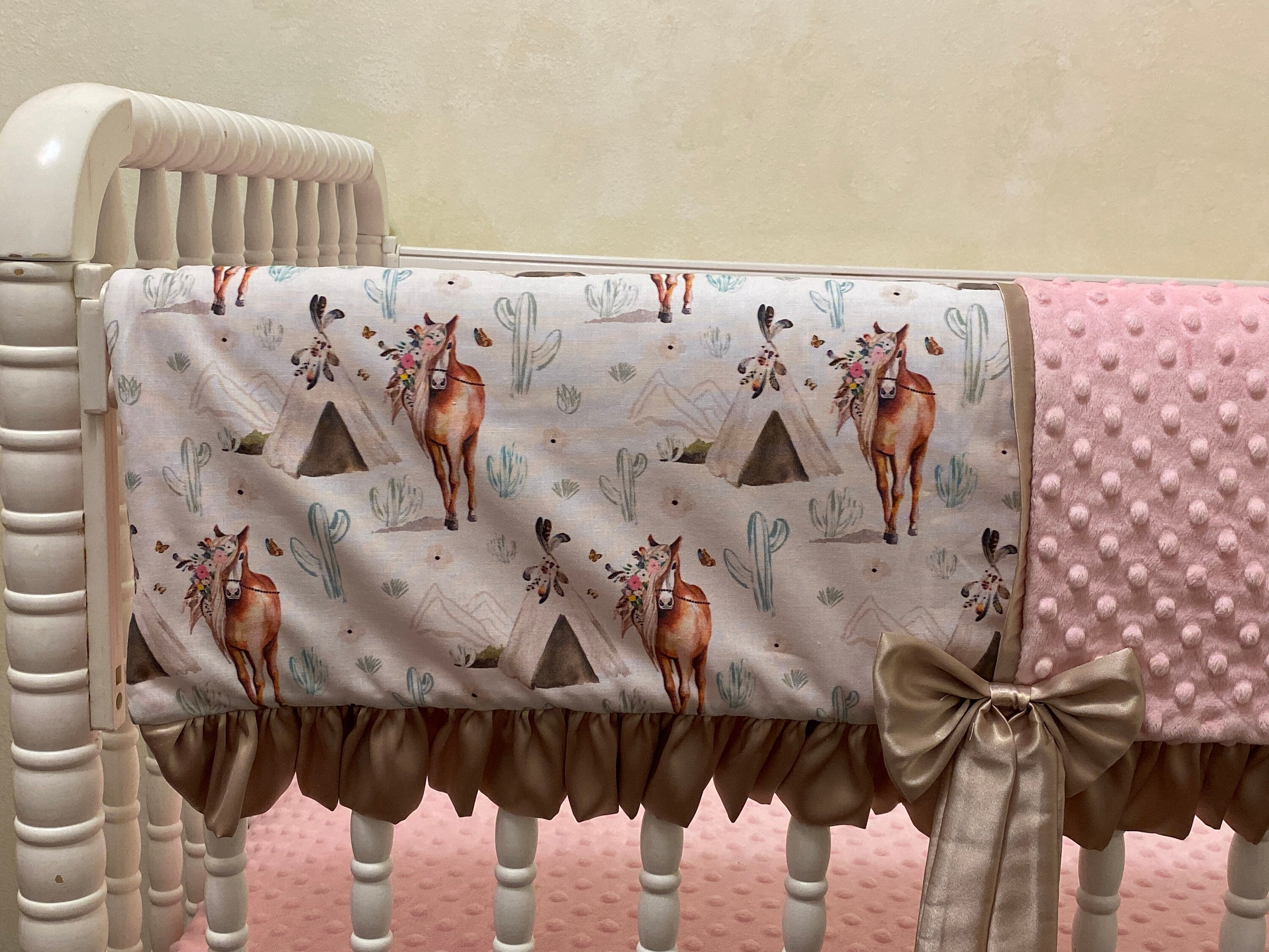 Baby Girl Boho Floral Horse Crib Bedding Pink and Taupe Baby Etsy