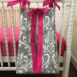 Diaper Stacker - Gray Damask with Hot Pink
