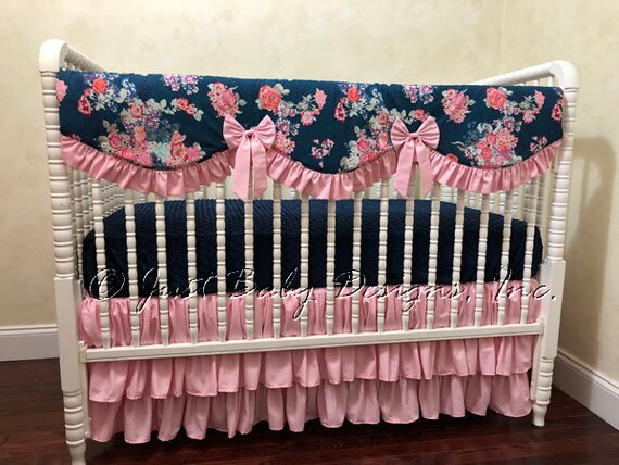 navy floral crib bedding