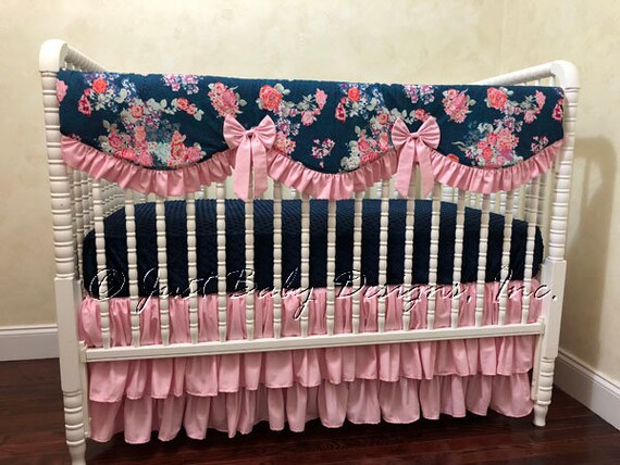 navy and pink floral crib bedding