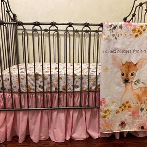Baby Girl Crib Bedding, Woodland Friends Crib Bedding, Crib Sheet, Deer Blanket, Pink Crib Skirt