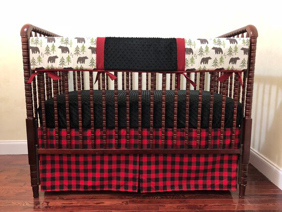 Woodland Trees Crib Bedding Bear Baby Red Buffalo