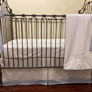 Baby Boy Crib Bedding Set, White and Pale Light Blue Baby Bedding, Crib Skirt, Baby Blanket, Nursery Bows