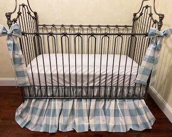 Blue Buffalo Plaid Baby Crib Bedding, Minky Sheet, Plaid Skirt & Bows