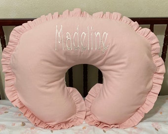 Baby Girl Nursing Pillow Cover, Blush Pink Linen Nursing Pillow Cover with Ruffle, Breastfeeding Pillow Cover