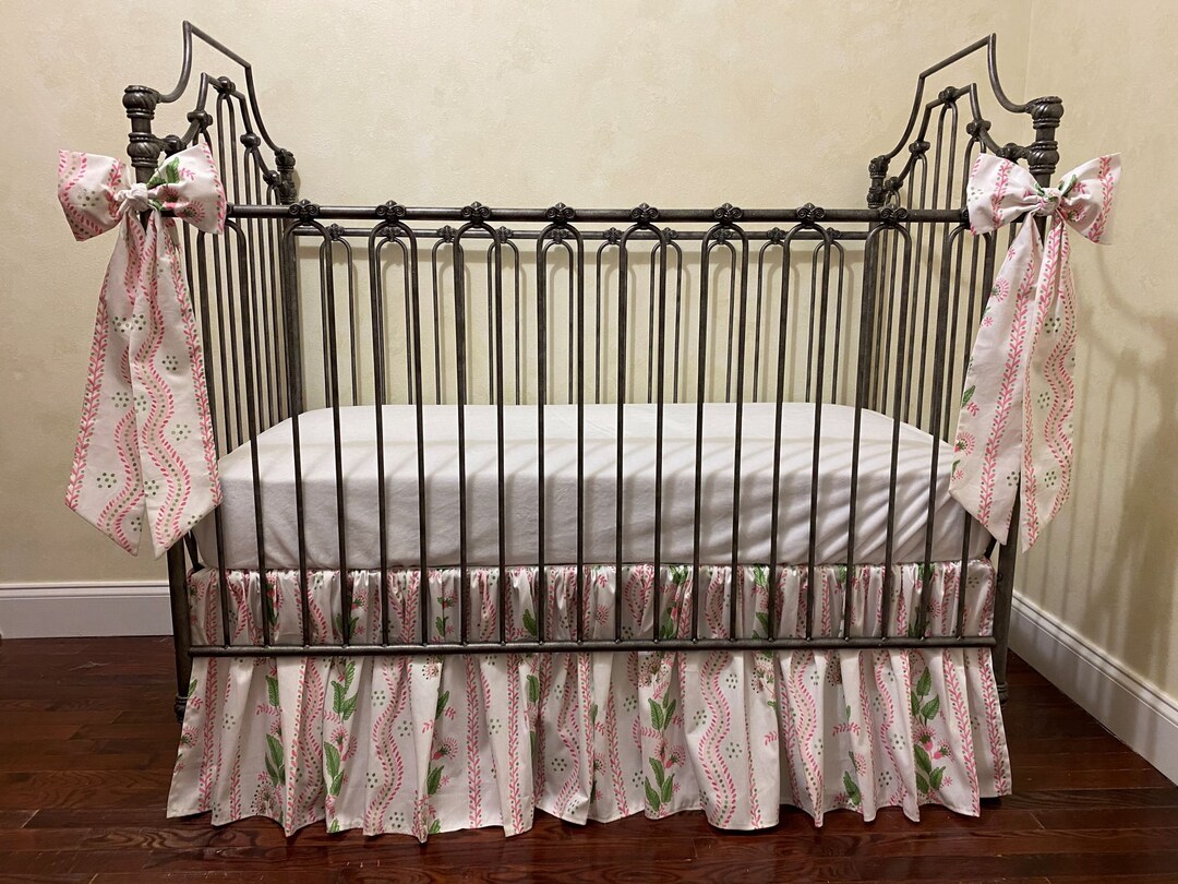 Baby Girl Crib Bedding, Pink and Green Stripes and Vines Crib Skirt